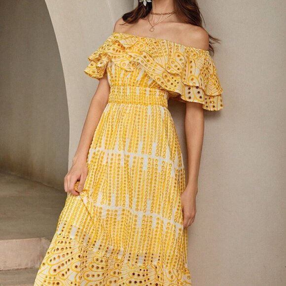 Yellow Party Women's Light Hollow Out Romantic Strapless Dress - Picture 4 of 7